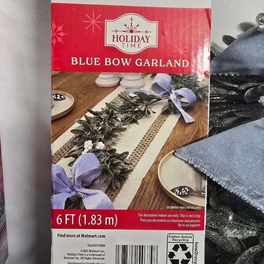 6 Ft Elegant Garland Featuring Blue Bows Greenery White Berries HOLIDAY WEDDING